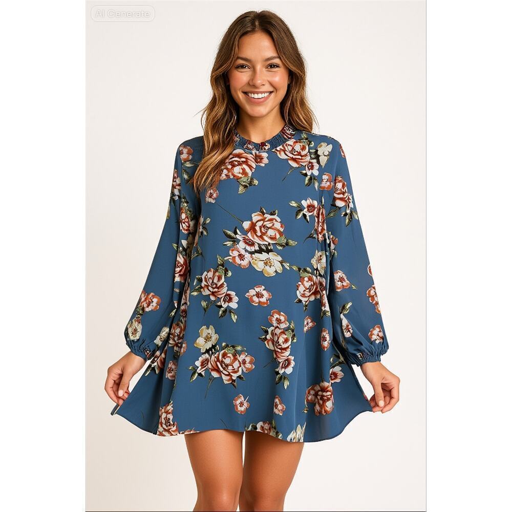 Show Me Your Mumu Blue Floral Mini Dress Medium Mock Neck Keyhole Boho